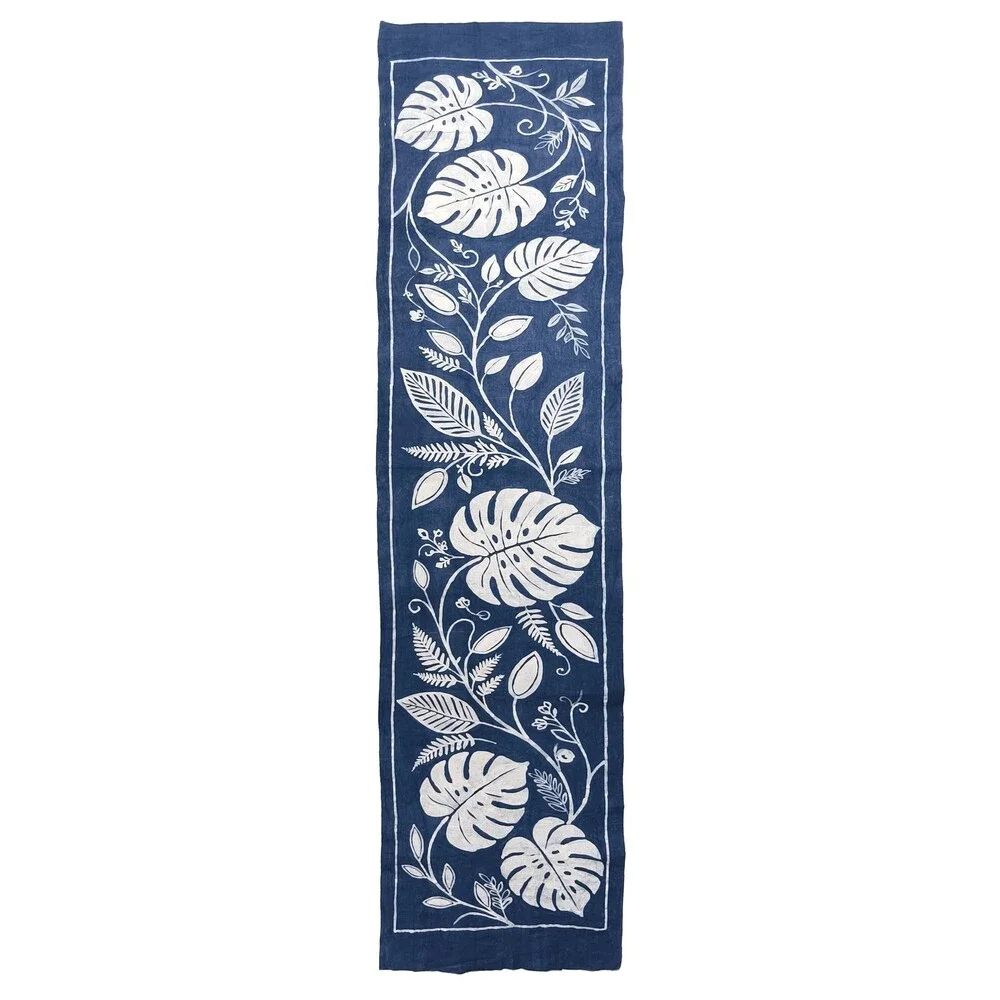 Handmade Indigo Batik Table Runner, Monstera Leaf Botanical Table Decor